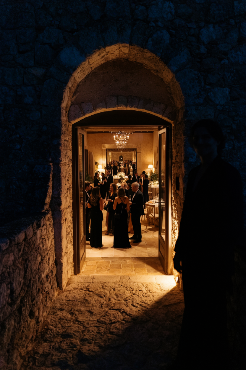 Guests gathered beyond a glowing stone archway at night