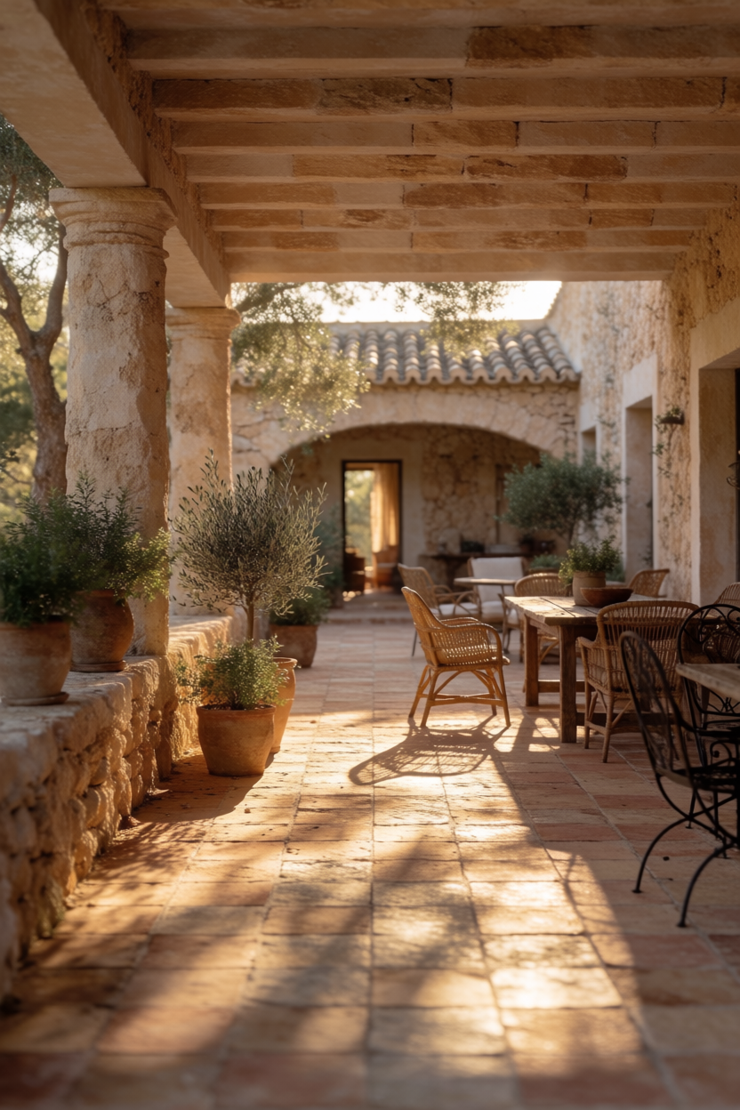 Stone courtyard of a Mallorcan finca at golden hour