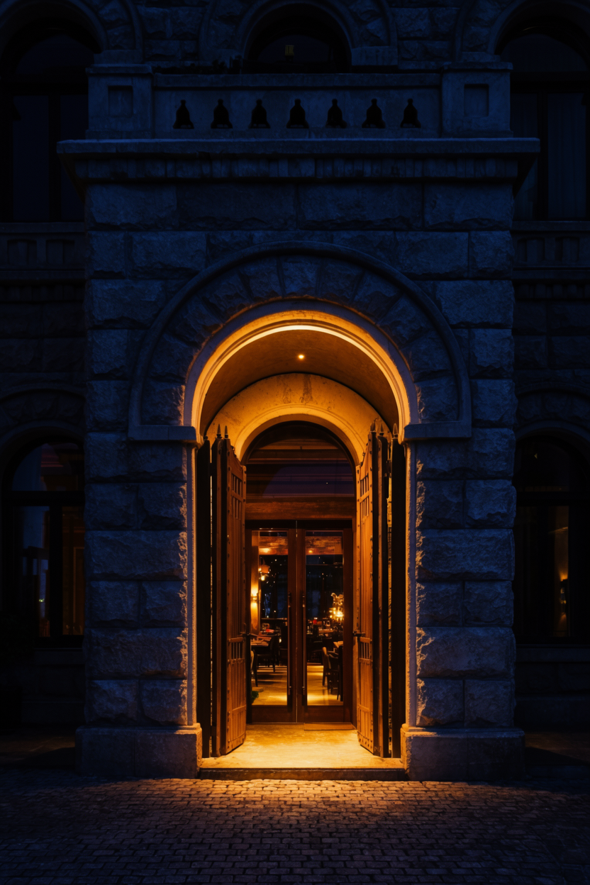 Arched stone doorway of a historic Mallorcan palace at night, glowing amber from within
