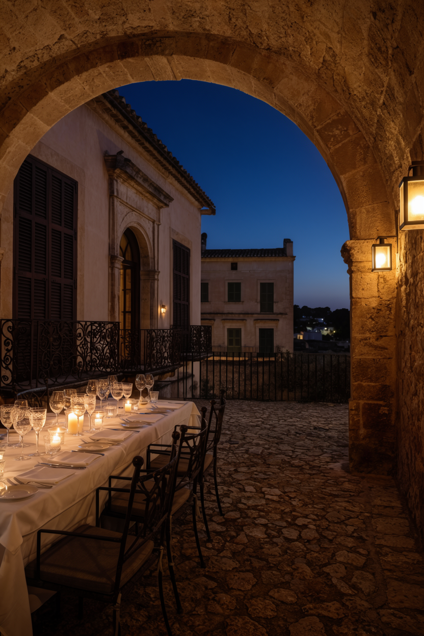 Candlelit dinner table set for thirty-three guests beneath a Mallorcan stone arch at dusk